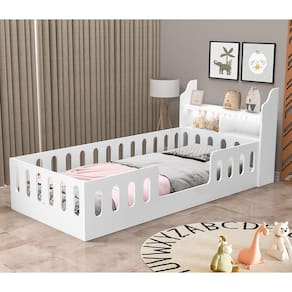 Cama Cercadinho Infantil Mdf Helo Solteiro com Nicho e Led - Branca
