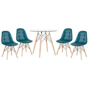 Mesa jantar cozinha redonda com tampo de vidro Eames 80 cm + 4 cadeiras Eiffel Botonê