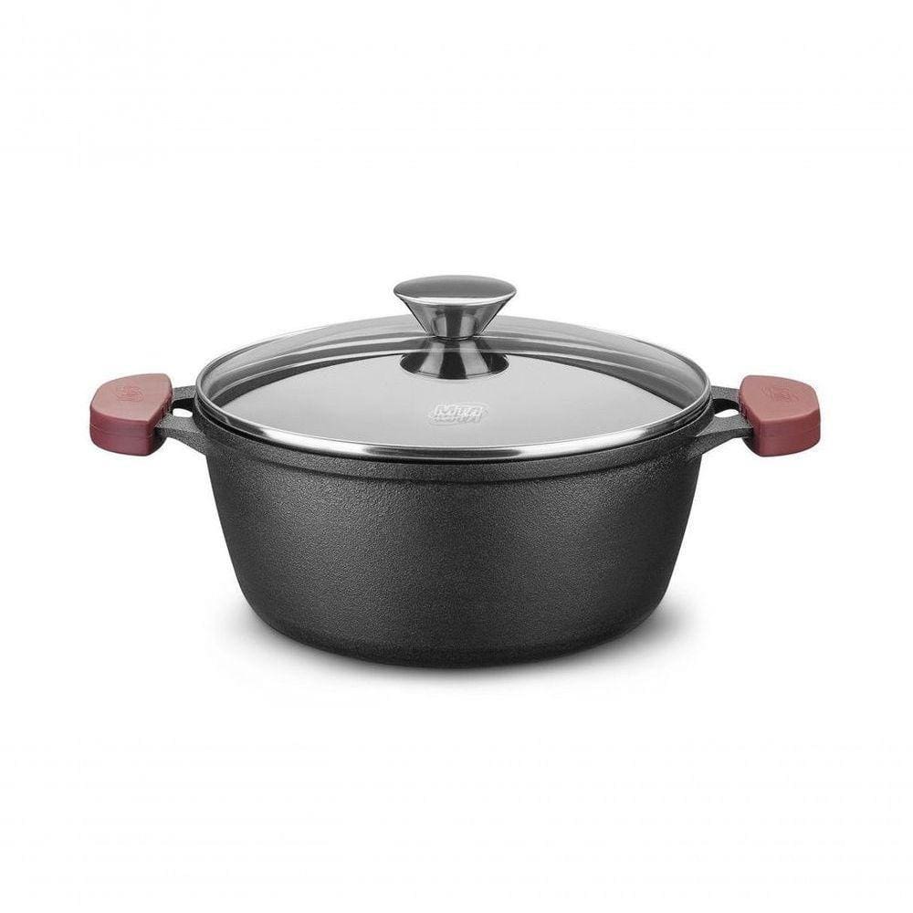Caçarola De Ferro Fundido C/ Tampa De Vidro Forno E Fogão 22cm 3,0l Mta 8341