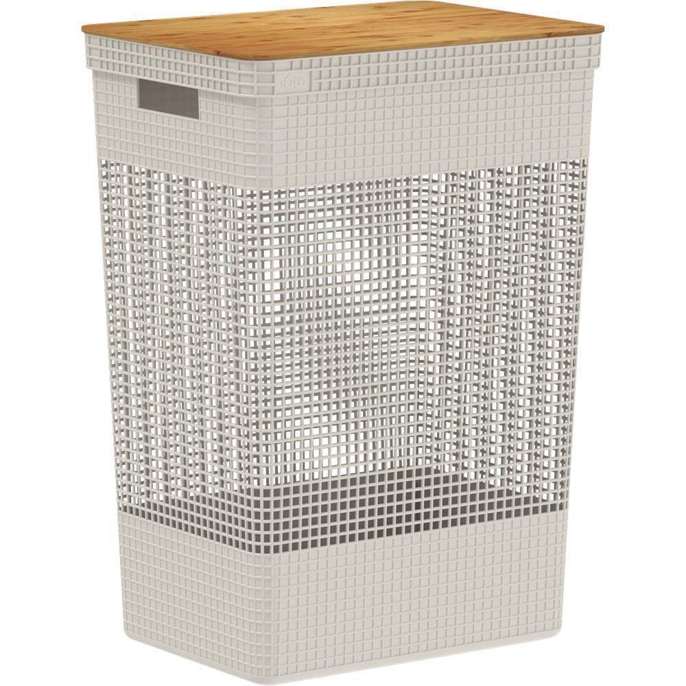 Cesto De Roupas Grid Com Tampa De Bambu 49L Bege - Ou