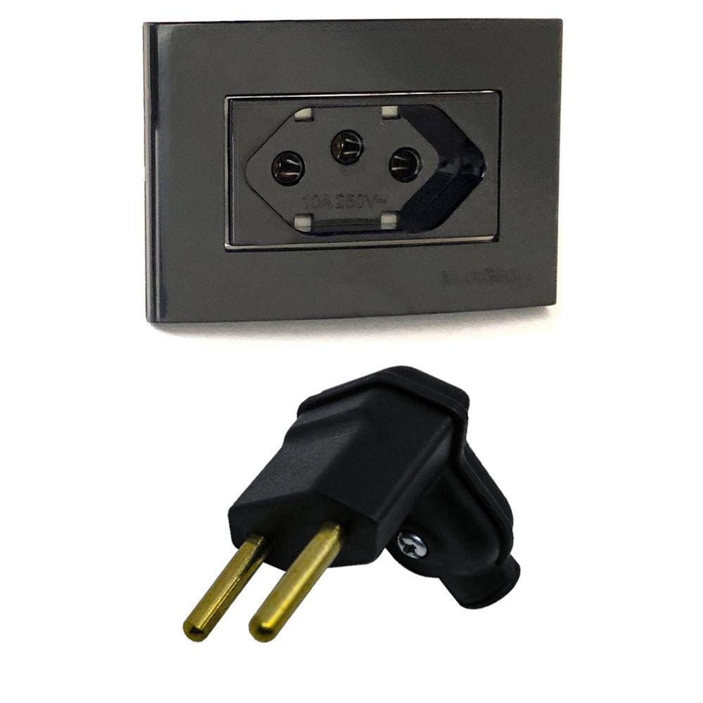 12 Plug Macho 2 Pinos 10a 90 Graus Preto + 12 Tomada Embutir 3 Pinos 10a Ebony Margirius