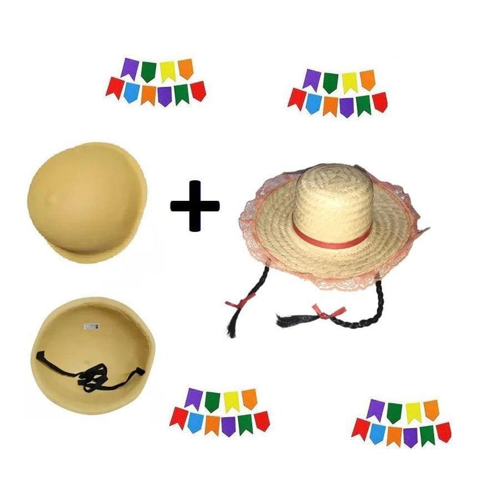 Kit Grávida Caipira Chapéu Palha Com Tranças + Barriga Falsa