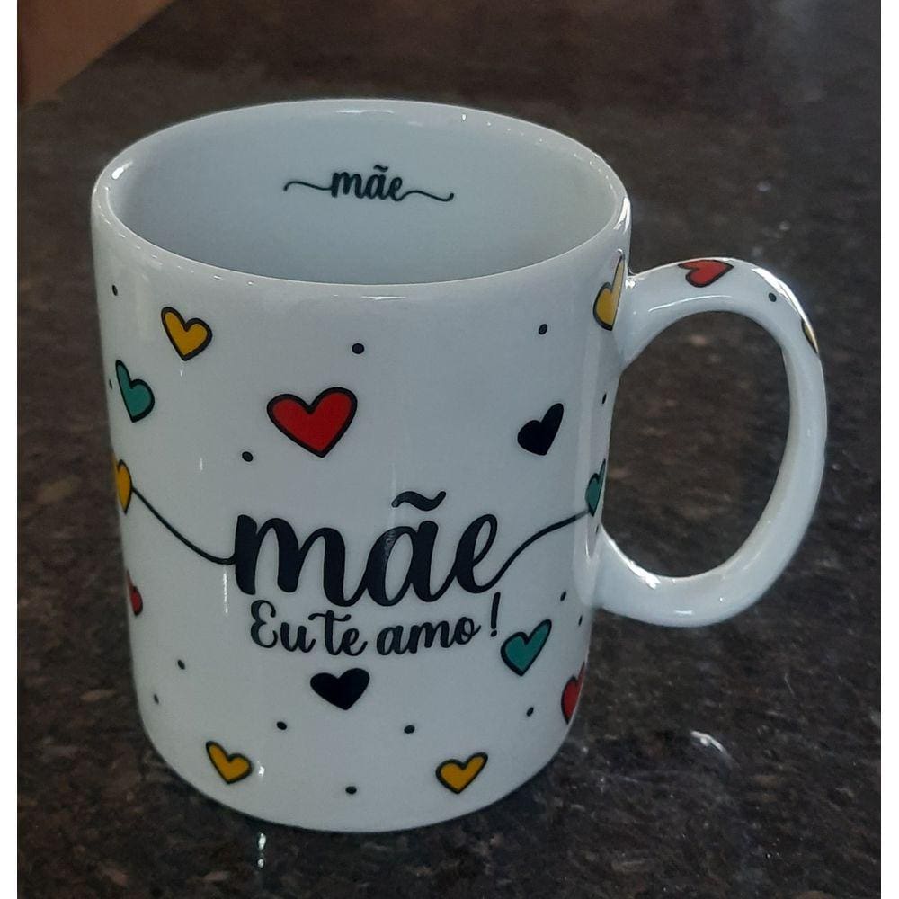 Caneca 300ml Frase Mãe - Porcelana - Decoração Caneca Completa Corações
