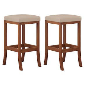 Kit 2 Banquetas Alta Estofada Barcelona 38x74Cm Bancada Bar Madeira Maciça Castanho Suede Bege - CCS