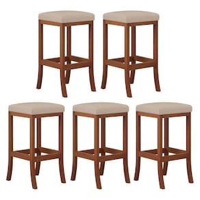 Kit 5 Banquetas Alta Estofada Barcelona 38x74Cm Bancada Bar Madeira Maciça Castanho Suede Bege - CCS