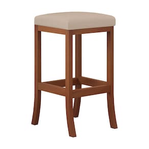 Banqueta Alta Estofada Barcelona 38 x 74 Cm Bancada Bar Madeira Maciça Castanho Suede Bege - CCS