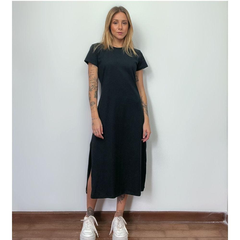 Vestido Mid Camiseta Com Fenda Aveloz Preto