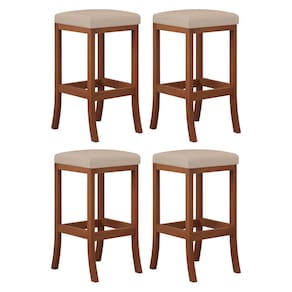 Kit 4 Banquetas Alta Estofada Barcelona 38x74Cm Bancada Bar Madeira Maciça Castanho Suede Bege - CCS