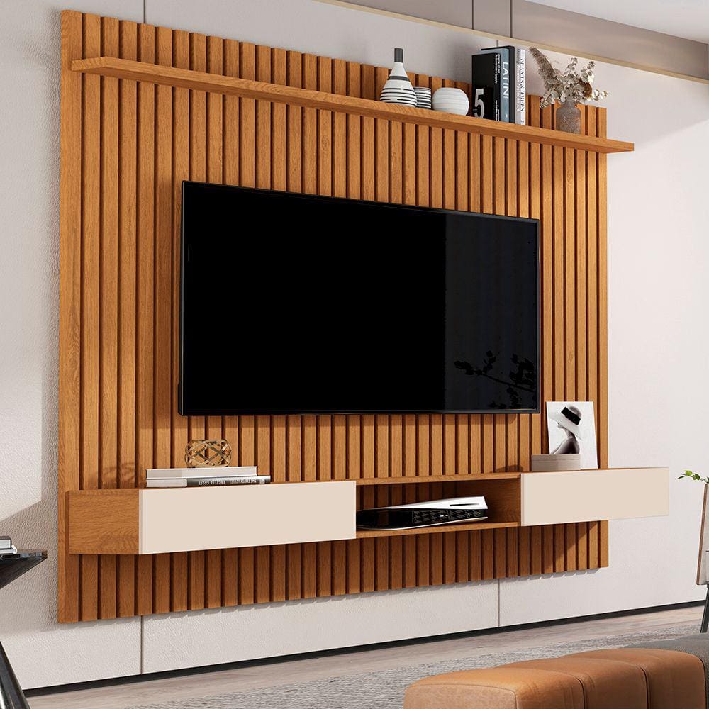 Painel para TV até 70” 2 Portas 1 Nicho 1 Prateleira Vênus 1.8 x 1.8 Nature/Off White Ripado Giga