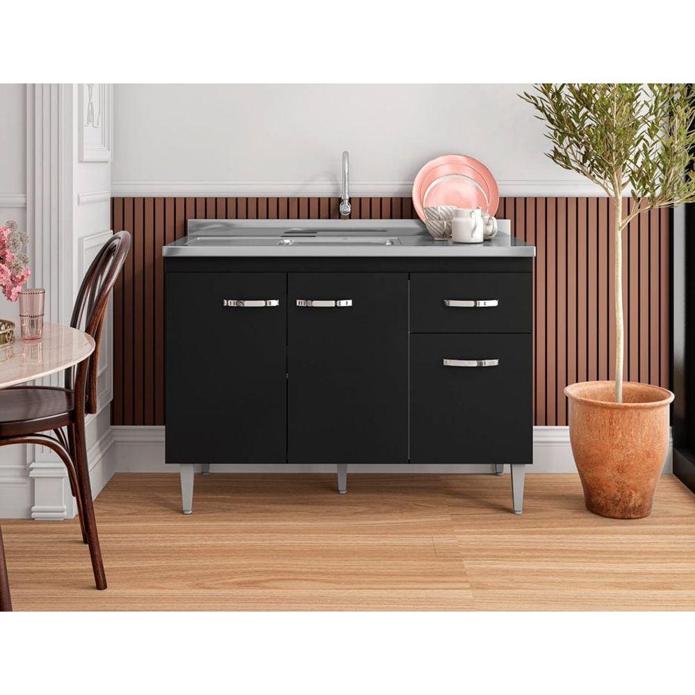Balcão Armário de Cozinha Gabriela 120cm Preto S/Tampo - AJL Móveis