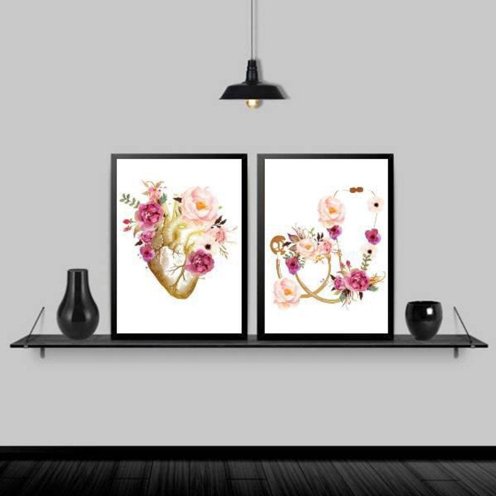 Kit 2 Quadros Coração E Estetoscópio Floral 45X34Cm