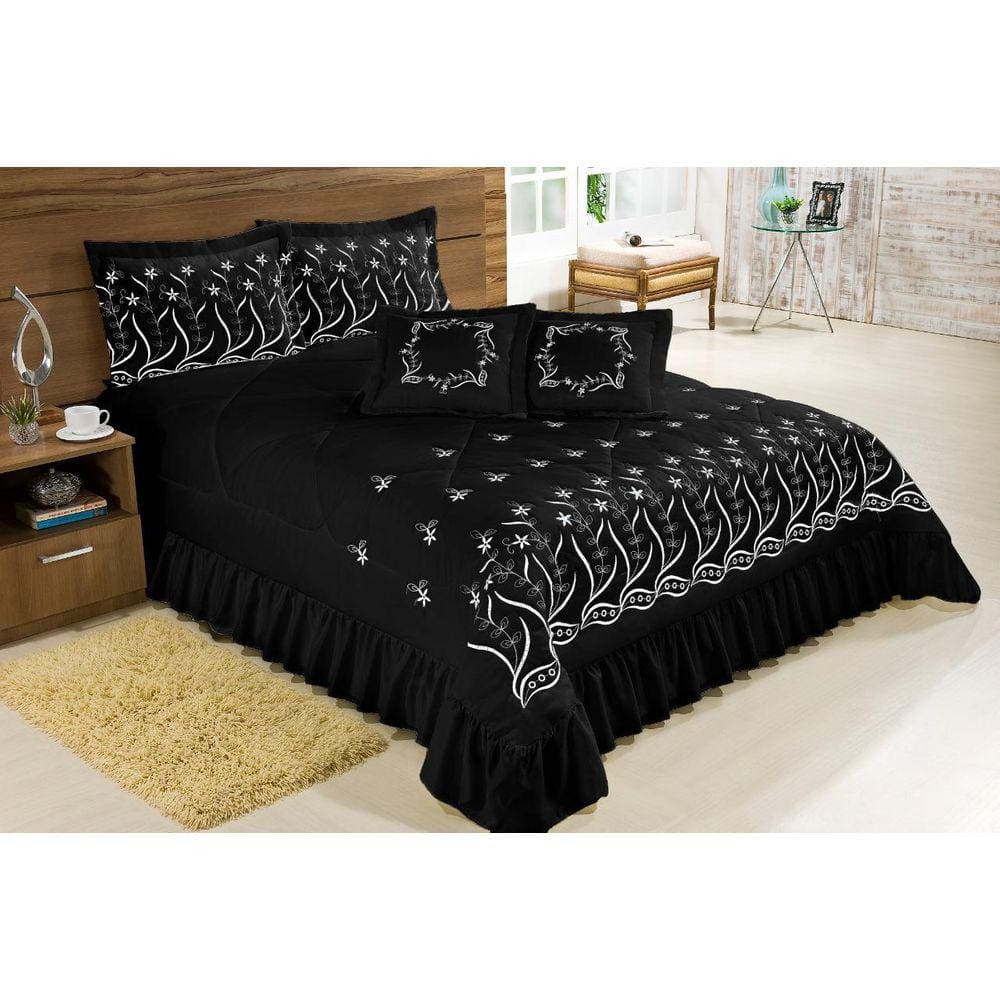 Kit Cobre Leito King Desejos 07 Peças Bordado Colcha - Preto