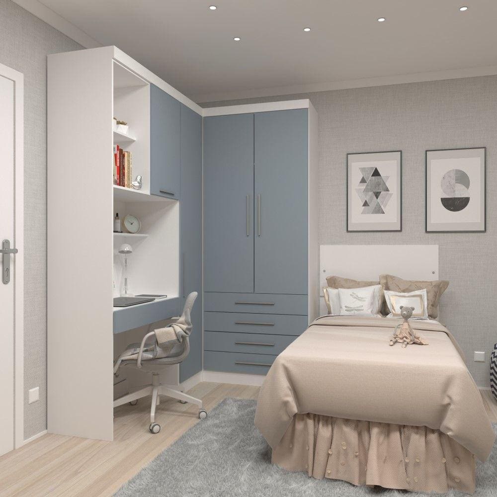 Guarda Roupa Dormitório Modulado Alpes Solteiro Canto c/ Bancada de Estudo - Roupeiro Luciane M04