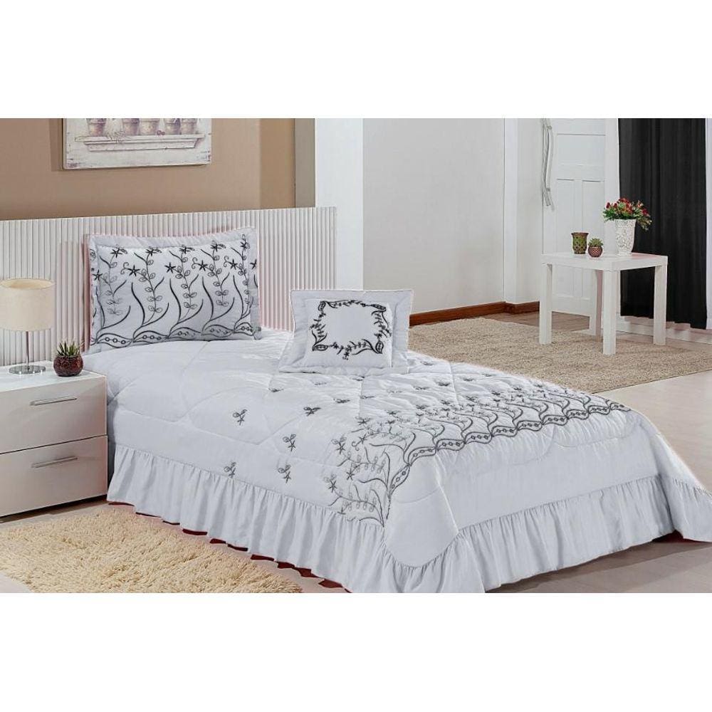 Kit Cobre Leito Solteiro Desejos 04 Peças Bordado - Branco