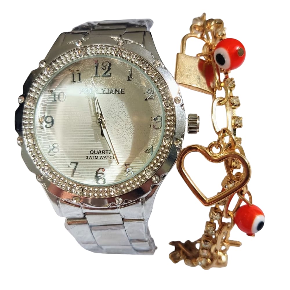 Conjunto Pulseira Relogio Feminino Prata Caixa De Presente