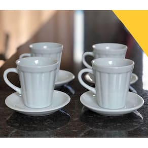 Jogo 4 xícaras de Café e Chá com pires - 120 ml Tipo Copo Americano - Porcelana branca