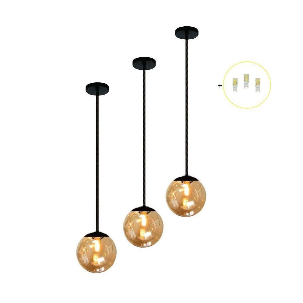 Kit 3 Pendente Preto Mesa Bancada Balcão Aparador + Led Vidr