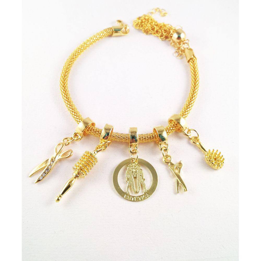 Pulseira Berloques Tesoura Escova Pente Folheado Ouro 18k