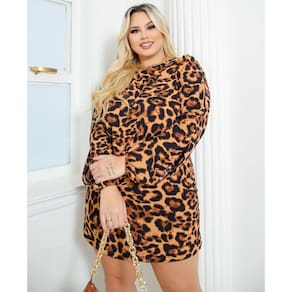 Vestido Plus Size Curto Animal Print Manga Longa