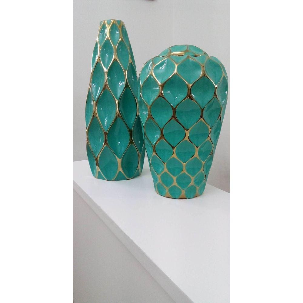 Par de Vasos em Cerâmica Esmaltada Verde e Ouro
