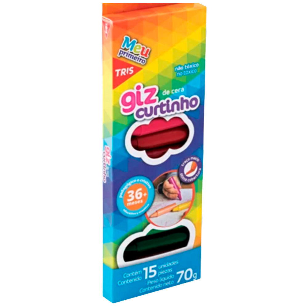 Giz de Cera curtinho 15 cores 68g Meu primeiro Tris