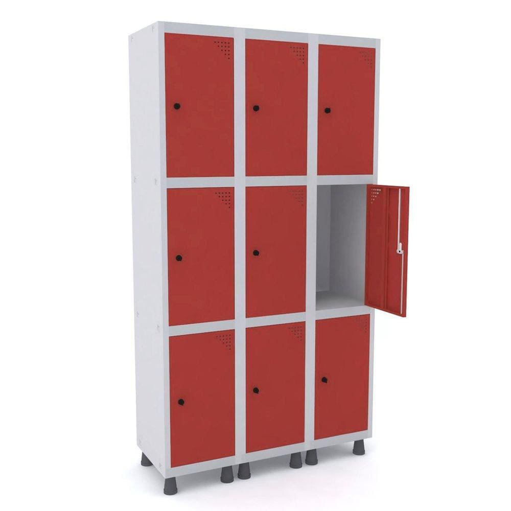 Guarda Volume Roupeiro 9 Portas Aço GRP 503/9 Pandin Móveis Cinza/Vermelho