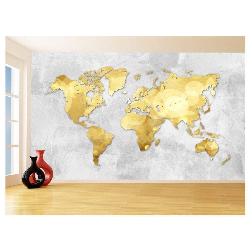 Papel De Parede 3D Mapa Mundi Concreto Dourado 3,5M Nmu39