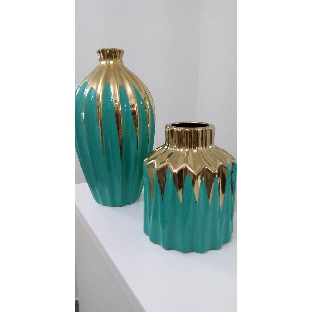 Par de Vasos Cerâmica Verde e Dourado Esmaltado