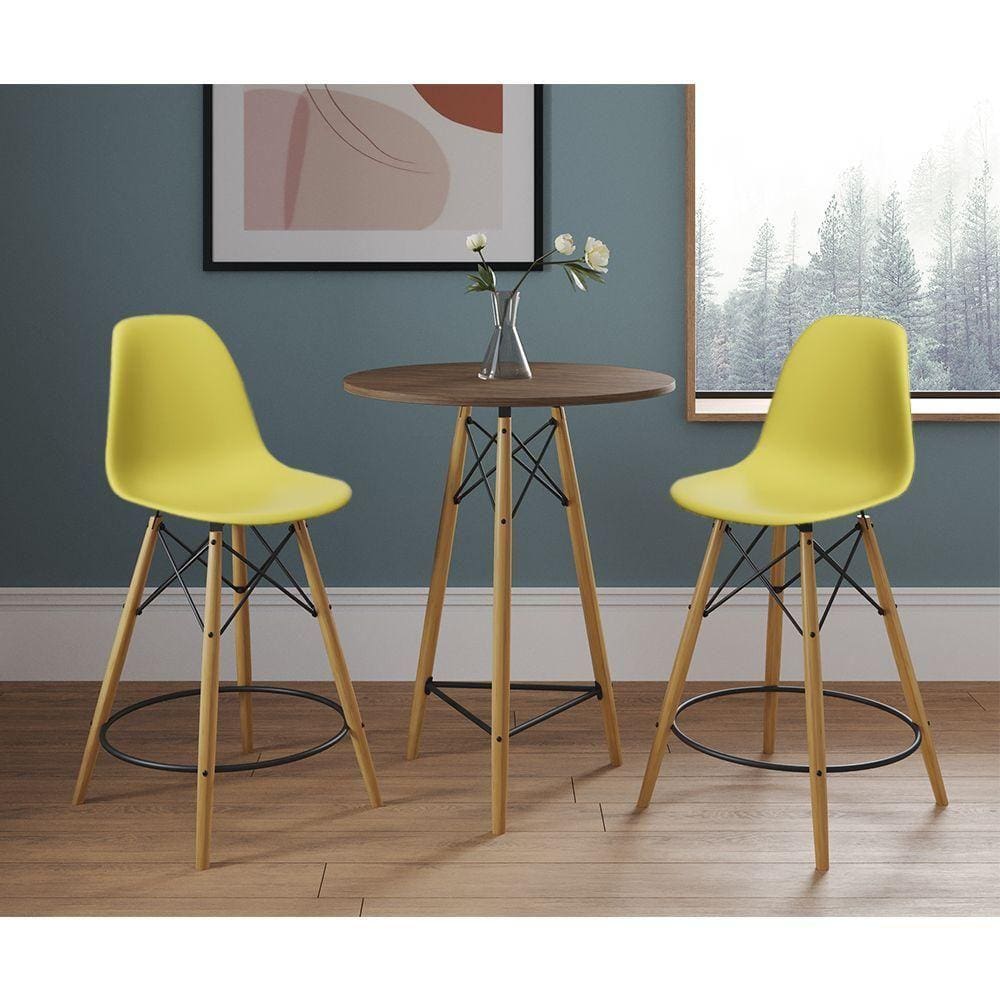 Mesa Bistrô Eames Eiffel Amêndoa Com 2 Banquetas Amarelas De Madeira - Cor: Marrom