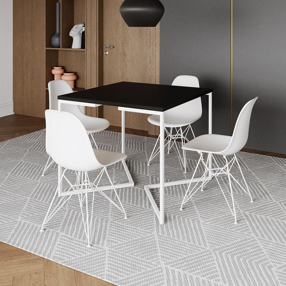Mesa Industrial Quadrada Jantar Preta 90Cm Base V Com 4 Cadeiras Brancas Ferro Branco Cor: Preto