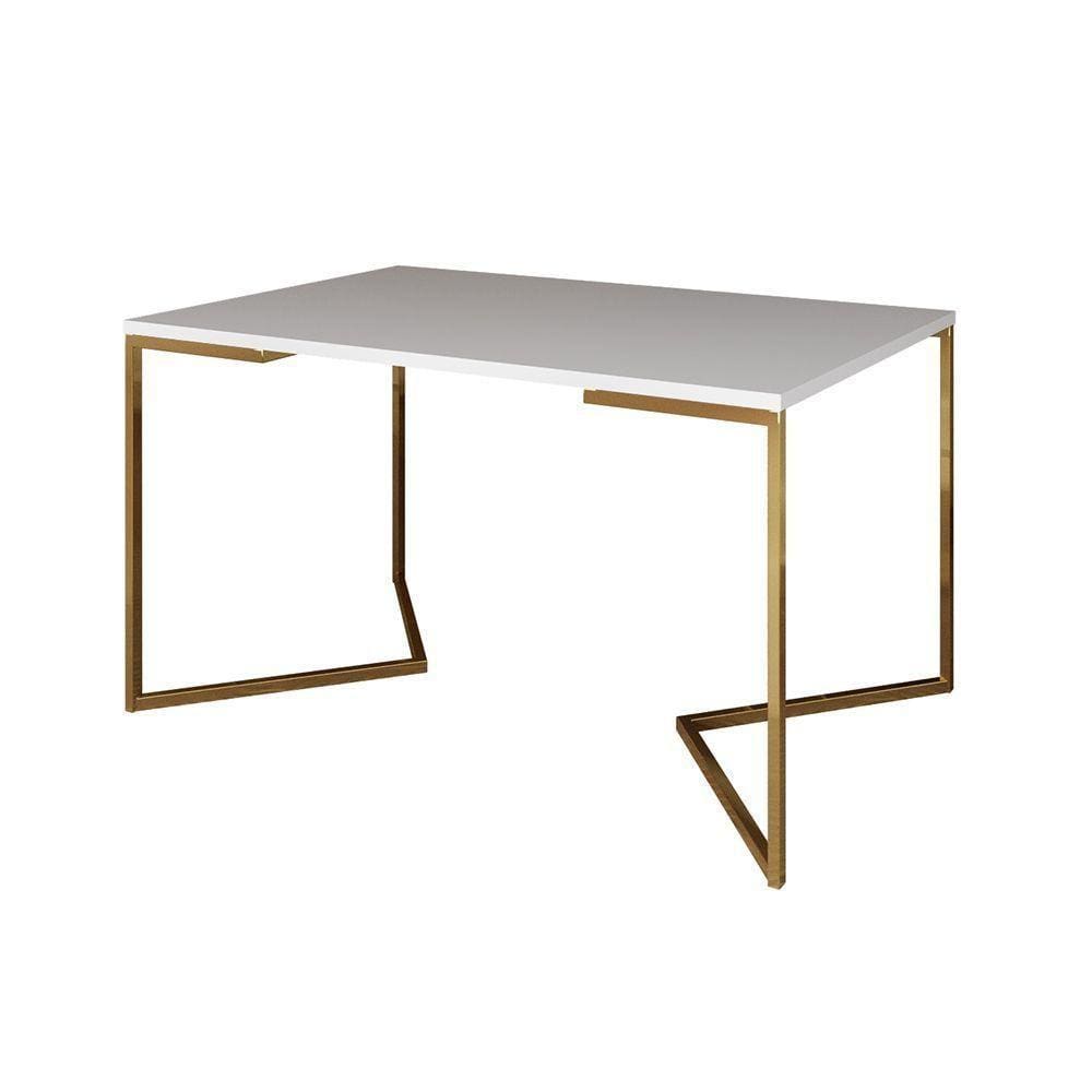 Mesa De Jantar Industrial Retangular Branca 137X90Cm Base V Dourada Cor: Branco
