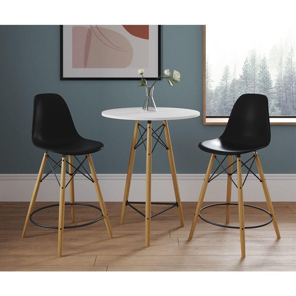 Conjunto Bistrô Eames Eiffel Mesa Branca Com 2 Banquetas Pretas De Madeira - Cor: Branco