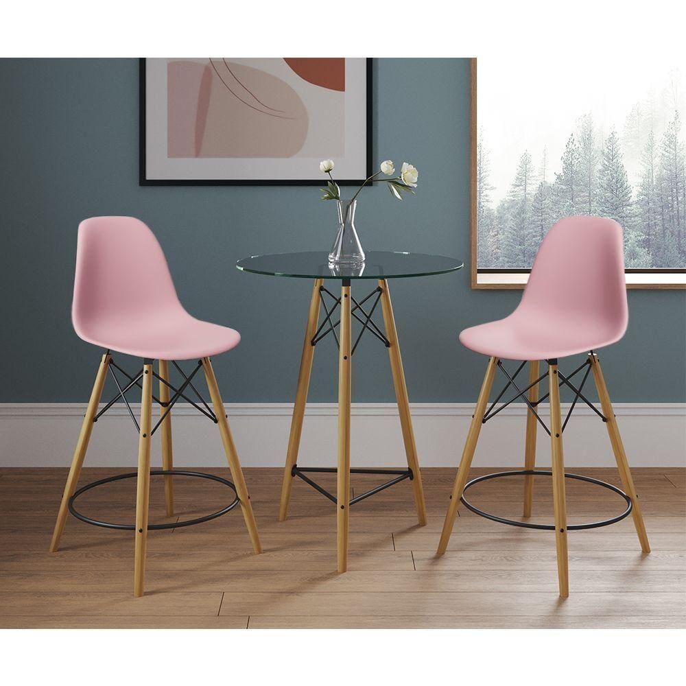 Mesa Bistrô Eames Eiffel Vidro Com 2 Banquetas Rosas De Madeira - Cor: Rosa