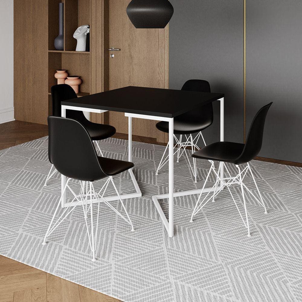 Mesa Industrial Quadrada Jantar Preta 90Cm Base V Com 4 Cadeiras Pretas Ferro Branco Cor: Preto