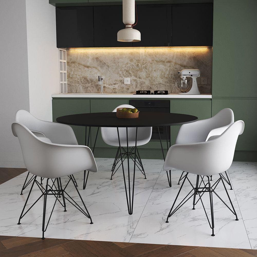 Mesa Jantar Redonda 110Cm Preta Clips 3 Pés Com 5 Poltronas Brancas Ferro Preto - Cor: Preto
