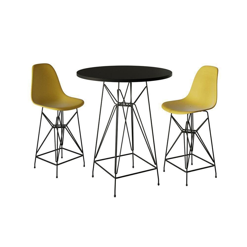 Jogo Mesa Bistrô Eames Preta 60Cm 2 Banquetas Amarela Base Ferro Preto - Cor: Preto