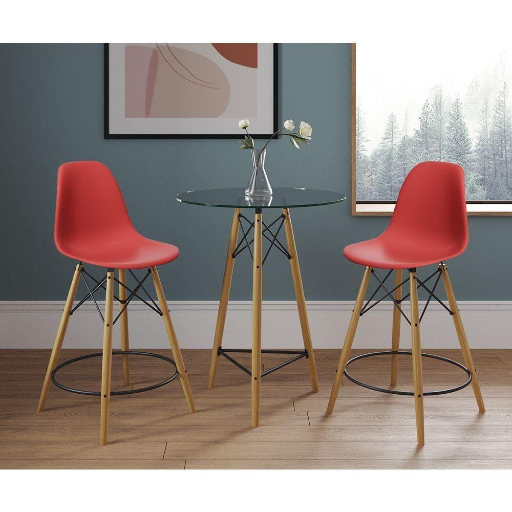 Mesa Bistrô Eames Eiffel Vidro Com 2 Banquetas Vermelhas De Madeira - Cor: Vermelho