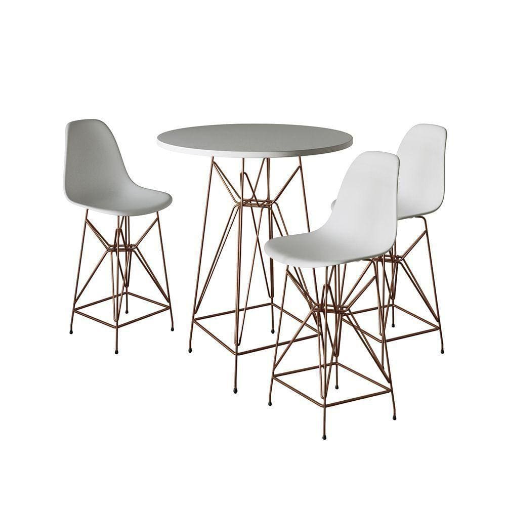 Jogo Mesa Bistrô Eames Branca 60Cm 3 Banquetas Branca Base Ferro Cobre - Cor: Branco
