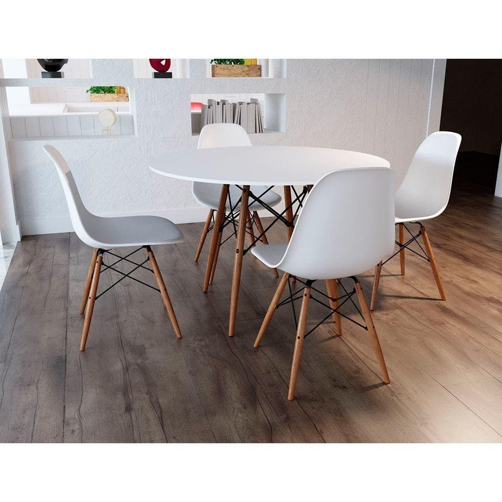 Conjunto De Mesa De Jantar Redonda 110Cm Tampo De Madeira Branco Com 4 Cadeiras Brancas