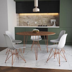 Mesa Jantar Redonda 110Cm Amêndoa Clips 3 Pés Com 5 Cadeiras Brancas Base Cobre - Cor: Amendoa