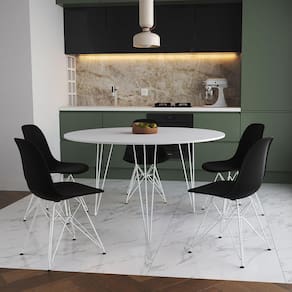 Mesa Jantar Redonda 110Cm Branca Clips 3 Pés Com 5 Cadeiras Pretas Ferro Branco - Cor: Branco