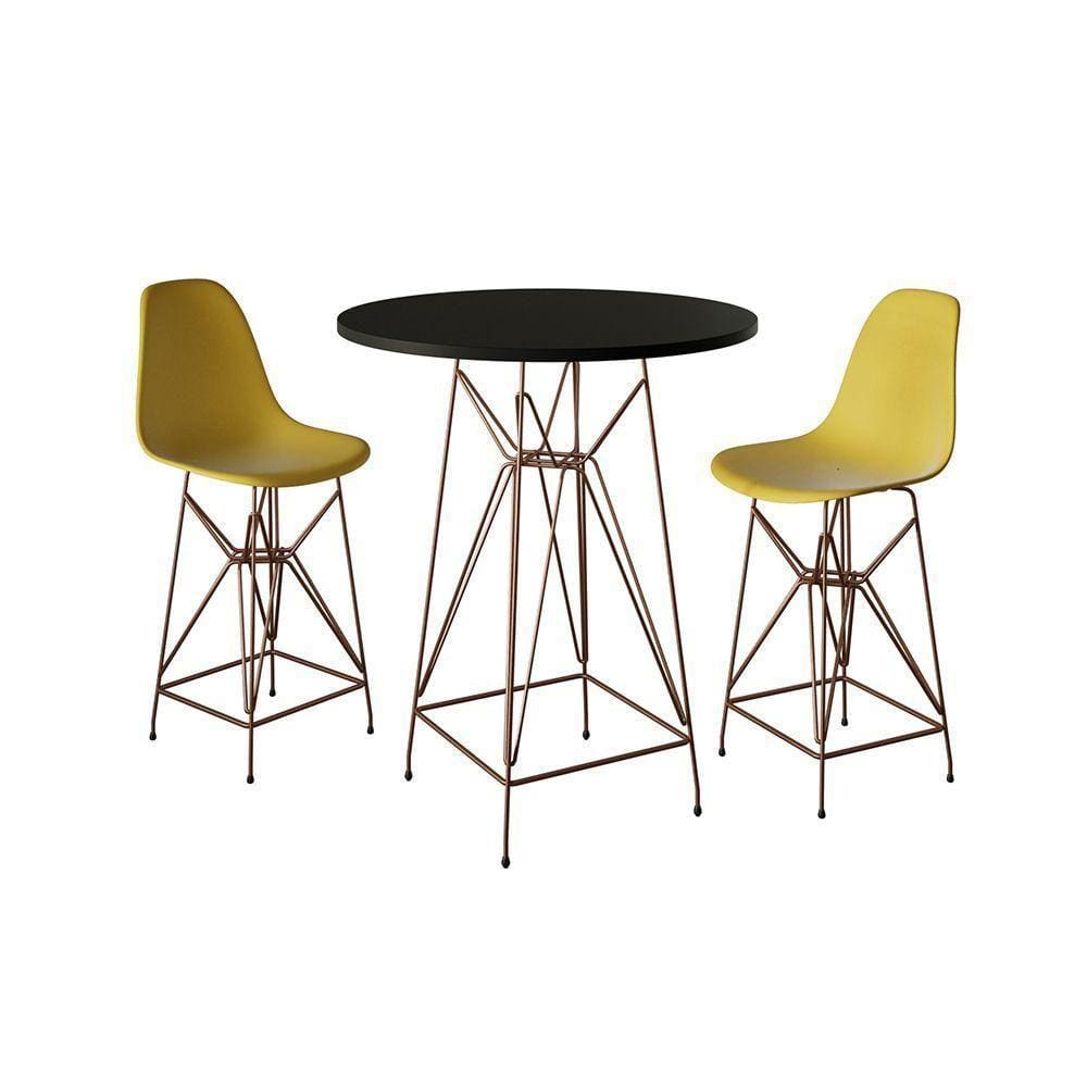 Jogo Mesa Bistrô Eames Preta 60Cm 2 Banquetas Amarela Base Ferro Cobre - Cor: Preto