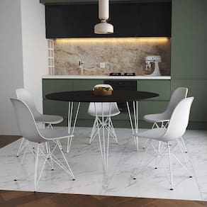 Mesa Jantar Redonda 110Cm Preta Clips 3 Pés Com 5 Cadeiras Brancas Ferro Branco - Cor: Preto