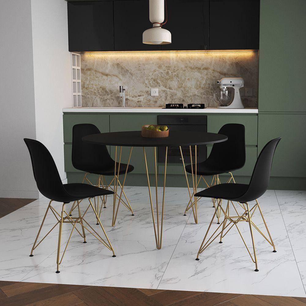 Mesa De Jantar Redonda 90Cm Preta Clips 3 Pés Com 4 Cadeiras Pretas Base Dourada Cor: Preto