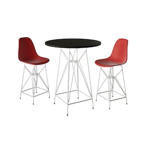 Jogo Mesa Bistrô Eames Preta 60Cm 2 Banquetas Vermelha Base Ferro Branco - Cor: Preto