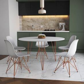 Mesa Jantar Redonda 110Cm Branca Clips 3 Pés Com 5 Cadeiras Brancas Base Cobre - Cor: Branco