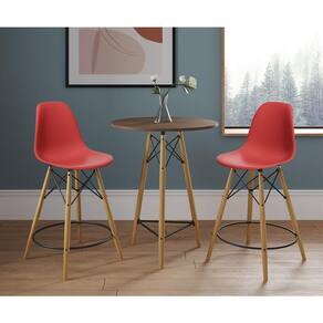 Mesa Bistrô Eames Eiffel Amêndoa Com 2 Banquetas Vermelhas De Madeira - Cor: Marrom
