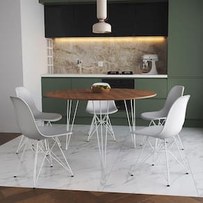 Mesa Jantar Redonda 110Cm Amêndoa Clips 3 Pés Com 5 Cadeiras Brancas Ferro Branco - Cor: Amendoa