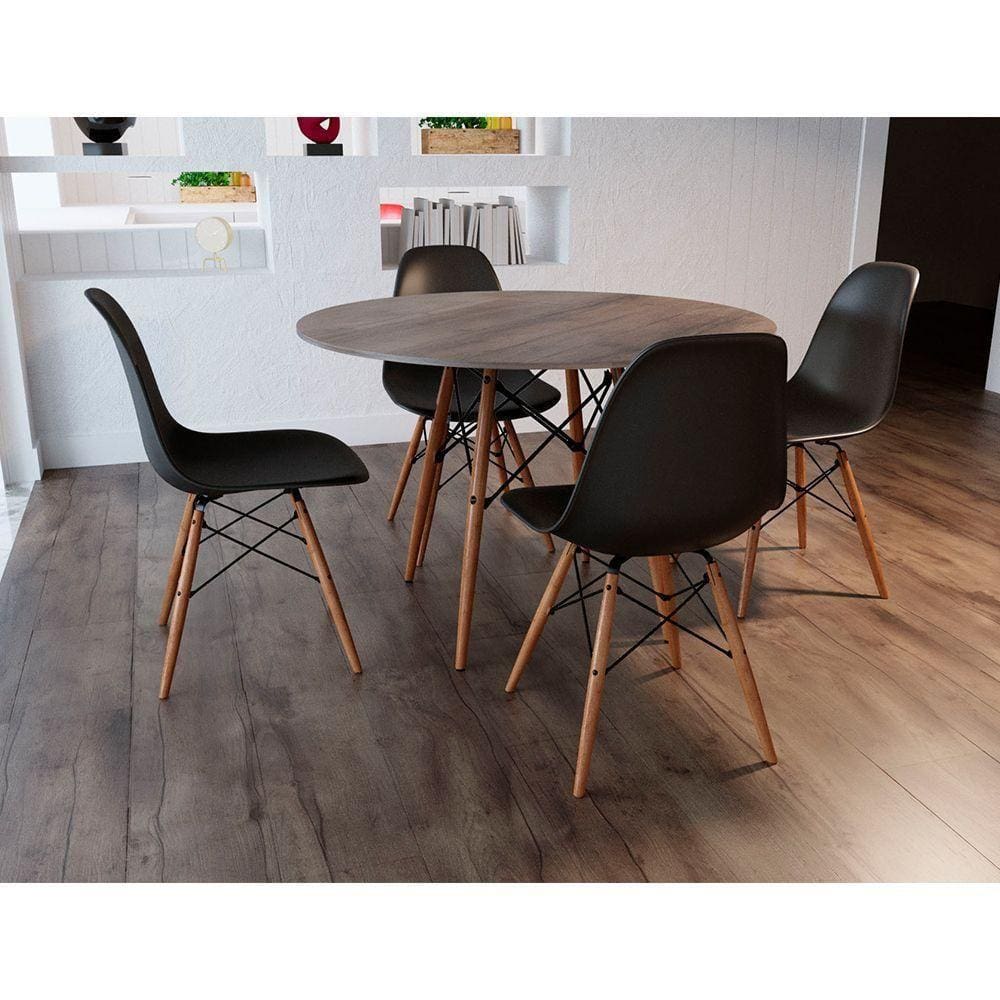 Conjunto De Mesa De Jantar Redonda 90Cm Tampo De Madeira Amêndoa Com 4 Cadeiras Pretas