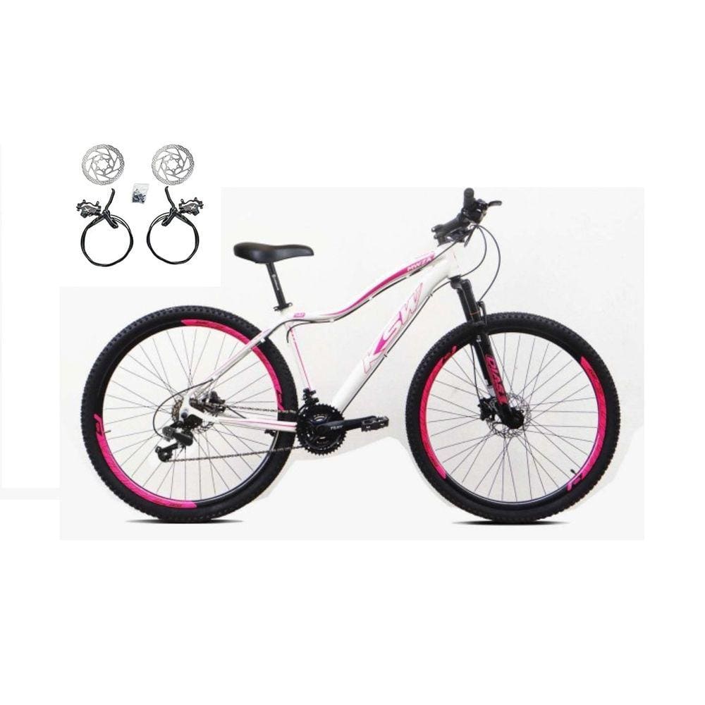 Bicicleta Feminina Aro 29 Ksw Mwza 24v Freios Hidráulicos Garfo Suspensão Mtb - Branco/Rosa